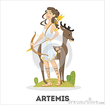 Artemis greek goddess from ancient mythology. Female character Vector Illustration