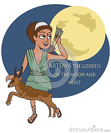 Artemis Greek Goddess of the Hunt and the Moon Vector Illustration