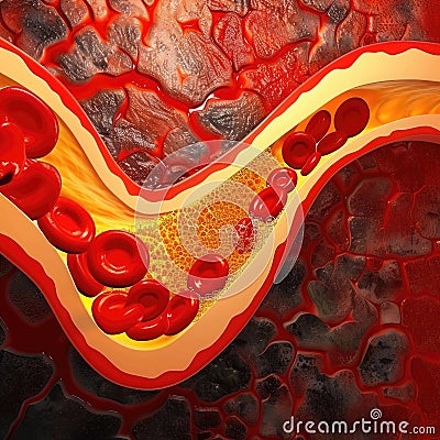 Artery hardening: atherosclerosis - delving into the process of cholesterol plaque formation in arteries, its Stock Photo