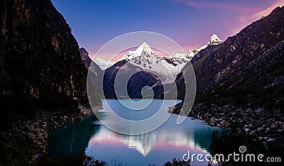 Artesonraju mountain reflected on lake paron Stock Photo