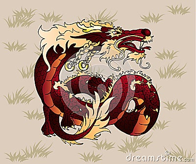 Artful brown earth Asian dragon on grass Vector Illustration