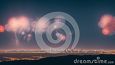 An Artful Depiction Of An Enchanting City With Fireworks AI Generative Stock Photo
