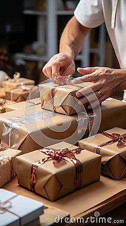 Artful packaging: Close-up showcases confectioner's hands expertly wrapping cardboard box with precision. Stock Photo