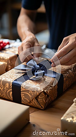 Artful packaging: Close-up showcases confectioner's hands expertly wrapping cardboard box with precision. Stock Photo