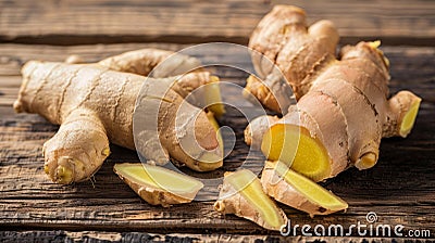 Artfully arranged fresh ginger on wooden table a tempting display of fresh produce Stock Photo