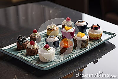 an artfully presented dish of mini cupcakes, each one with its own unique design Stock Photo