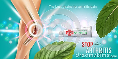 Arthritis Pain Relief Ointment ads. Vector 3d Illustration with Tube cream with peppermint extract. Vector Illustration