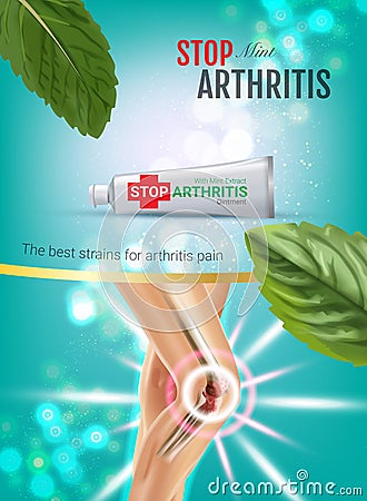 Arthritis Pain Relief Ointment ads. Vector 3d Illustration with Tube cream with peppermint extract. Vector Illustration