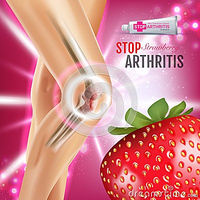 Arthritis Pain Relief Ointment ads. Vector 3d Illustration with Tube cream with strawberry extract. Vector Illustration