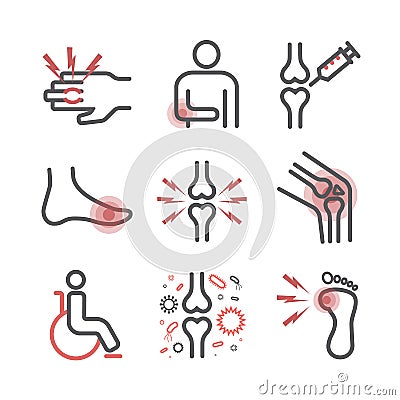 Arthritis. Symptoms, Treatment. Line icons set. Vector signs for web graphics. Vector Illustration