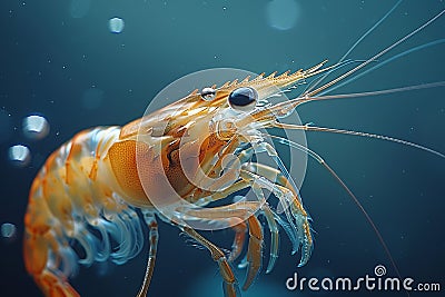 Arthropod Botan shrimp in electric blue fluid, macro photography Stock Photo