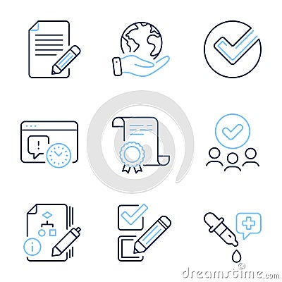 Article, Algorithm and Chemistry pipette icons set. Project deadline, Checkbox and Verify signs. Vector Vector Illustration