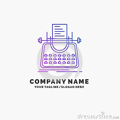 Article, blog, story, typewriter, writer Purple Business Logo Template. Place for Tagline Vector Illustration