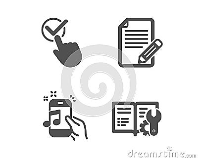 Article, Checkbox and Music phone icons. Engineering documentation sign. Feedback, Approved, Radio sound. Vector Vector Illustration