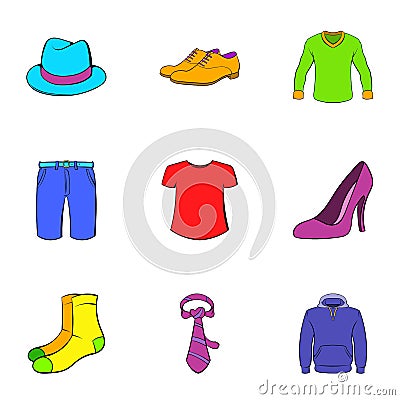 Articles of clothing icons set, cartoon style Vector Illustration