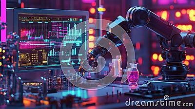 An articulate robotic arm positioned beside an array of advanced instruments with a colorful interface showcasing Stock Photo