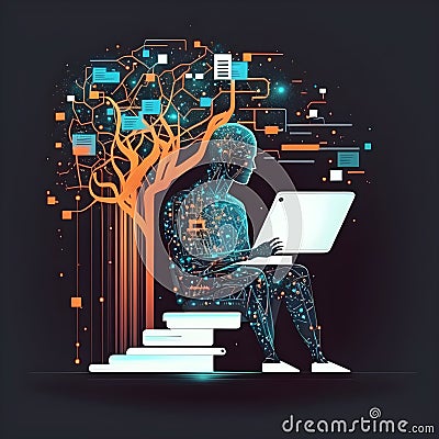 Artificial AI fake person checking tablet and sitting in front of a small orange & blue AI tree Stock Photo