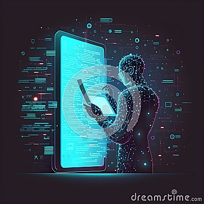 Artificial AI fake person checking tablet and standing in front of large tablet with a lot of data Stock Photo