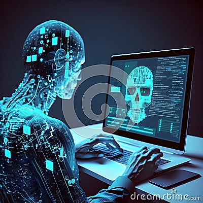 Artificial bioluminal fake AI person working on a laptop looking into complex neurological data on a dark background Stock Photo