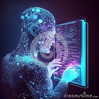 Artificial bioluminal transparent fake AI person watching a tablet when standing on blue background with blue and purple elements Stock Photo