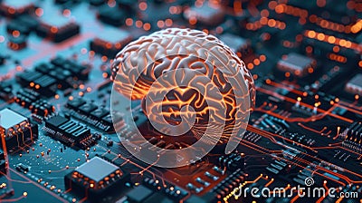 an artificial brain model connected to computer circuits, Stock Photo