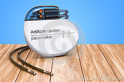 Artificial cardiac pacemaker on the wooden table, 3D rendering Stock Photo