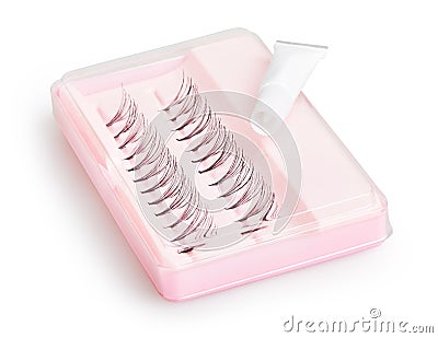 Artificial false eyelashes with glue isolated on white Stock Photo