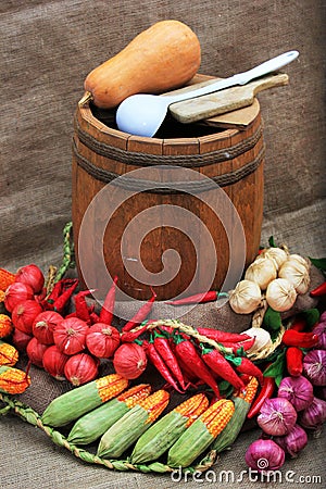 Artificial fruits and vegetables arrangement. Stock Photo