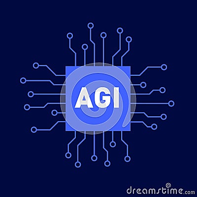 Artificial general intelligence - computer chip and processor with AGI text Vector Illustration