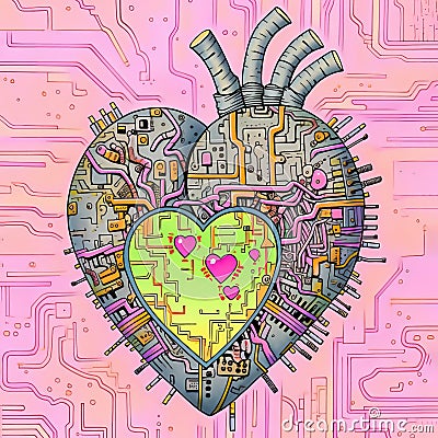 Artificial heart endowed with computer circuits, emotional artificial intelligence concept. Generative AI illustration Cartoon Illustration