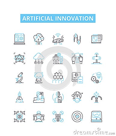 Artificial innovation vector line icons set. AI, Robotics, Automation, Machine, Learning, Augment, Intelligence Cartoon Illustration