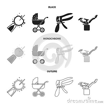 Artificial insemination, baby carriage, instrument, gynecological chair. Pregnancy set collection icons in black Vector Illustration