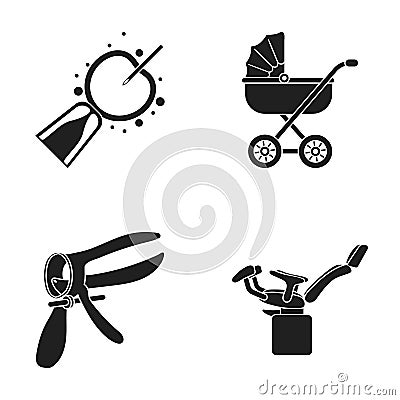Artificial insemination, baby carriage, instrument, gynecological chair. Pregnancy set collection icons in black style Vector Illustration