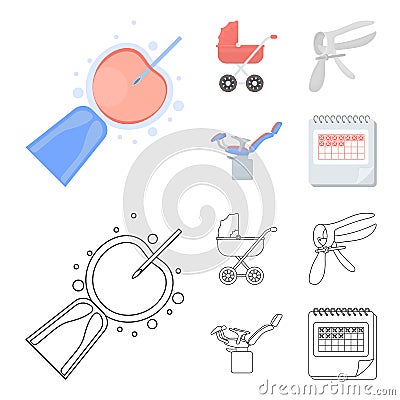 Artificial insemination, baby carriage, instrument, gynecological chair. Pregnancy set collection icons in cartoon Vector Illustration