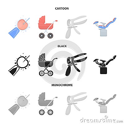 Artificial insemination, baby carriage, instrument, gynecological chair. Pregnancy set collection icons in cartoon,black Vector Illustration