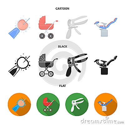 Artificial insemination, baby carriage, instrument, gynecological chair. Pregnancy set collection icons in cartoon,black Vector Illustration