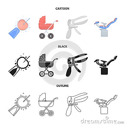 Artificial insemination, baby carriage, instrument, gynecological chair. Pregnancy set collection icons in cartoon,black Vector Illustration