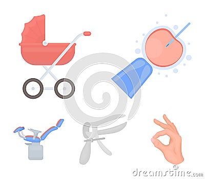 Artificial insemination, baby carriage, instrument, gynecological chair. Pregnancy set collection icons in cartoon style Vector Illustration