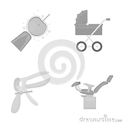 Artificial insemination, baby carriage, instrument, gynecological chair. Pregnancy set collection icons in monochrome Vector Illustration