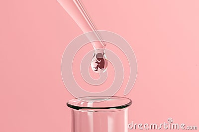 Artificial insemination. Test tube baby, IVF. On the tip of the pipette drop with silhouette of the embryo of the child, dripping Stock Photo