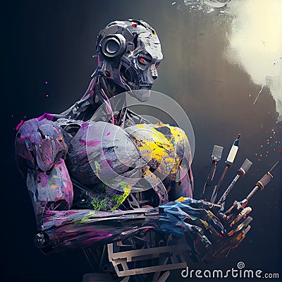 Artificial Inteligence, humaniod robot creating images, futuristic concept. Stock Photo