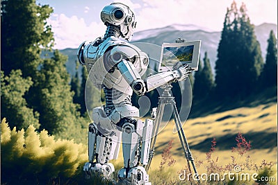 Artificial Inteligence, humaniod robot creating images, futuristic concept. Stock Photo