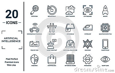artificial.intellegence linear icon set. includes thin line detection, driverless autonomous car, field of view, humanoid, smart Vector Illustration