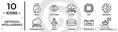 artificial.intellegence linear icon set. includes thin line nurse, ai brain, deformity, speech, field of view, robot assistant, Vector Illustration