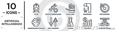 artificial.intellegence linear icon set. includes thin line train, bionic arm, replacement, data transfer, business, high speed Vector Illustration