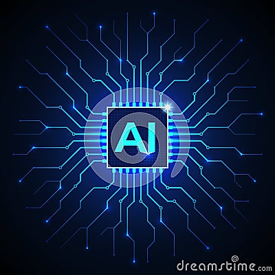 Artificial intelligence, ai. Abstract processor, computer digital chip, printed circuit board. Dark blue technology background Vector Illustration