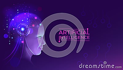 Artificial intelligence. AI brain. Digital robot technology. Glowing cyborg head. Future data learning. Science mind Vector Illustration