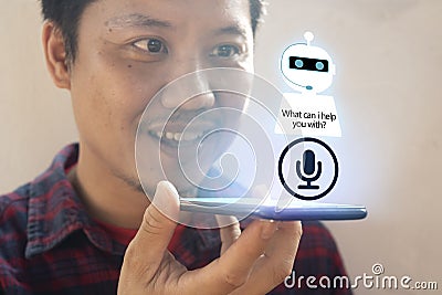 Artificial intelligence,AI chat bot concept. Hands holding mobile phone Stock Photo