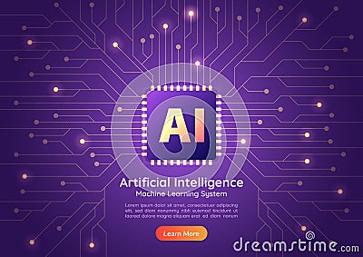 Artificial Intelligence AI chip on computer circuit board Vector Illustration
