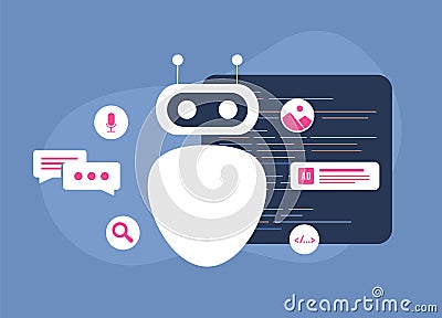 Artificial intelligence AI concept. Advanced deep learning technologies and data mining. Code writing, communication Vector Illustration